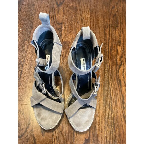 Balenciaga Paris Taupe Tan Suede Strappy Ankle Wrap Espadrille Platform Heels 9 - Picture 8 of 9